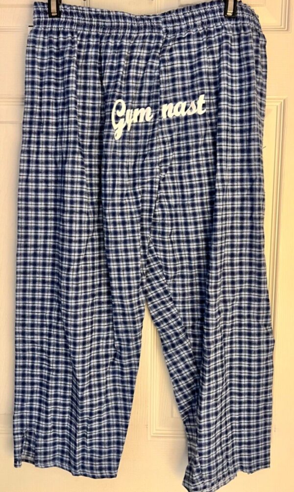 GK â€œGYMNASTSâ€ GRAPHIC ADULT LARGE BLUE COTTON PLAID FLANNEL LOUNGE CAPRI Sz L - Image 4