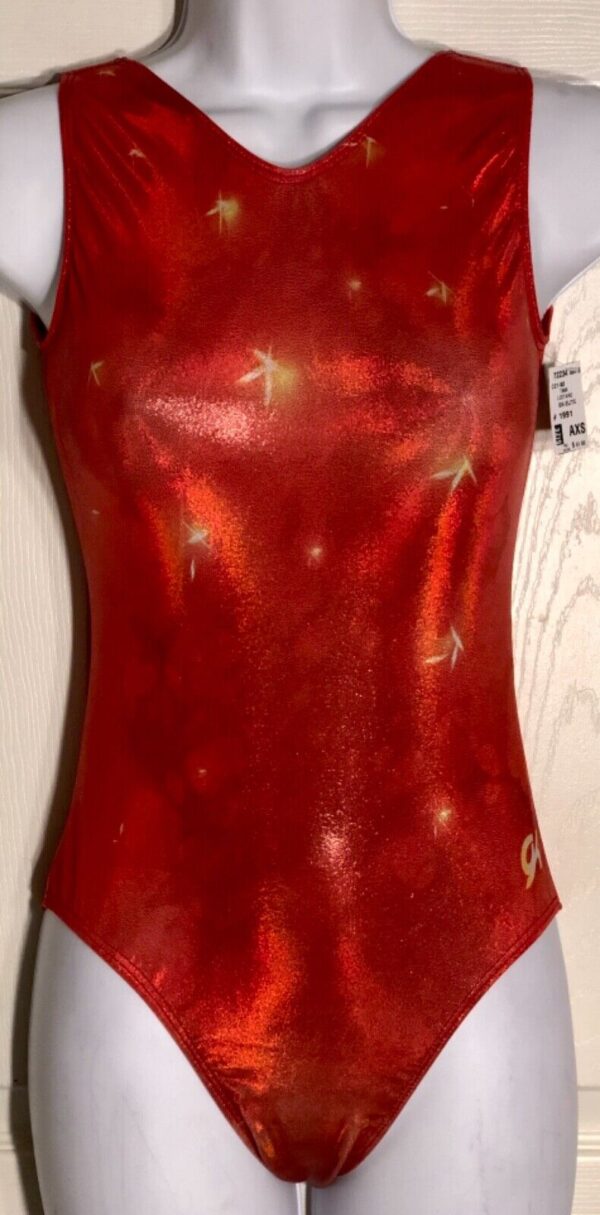 GK SUPERSONIC RED FOIL ADULT X-SMALL GYMNASTICS DANCE TANK LEOTARD Sz AXS NWT!