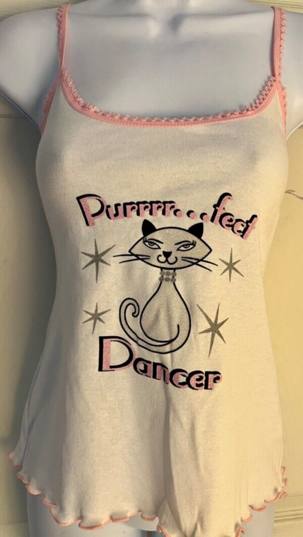 GK CAMI PJ TOP ADULT LARGE â€˜PURRFECT DANCERâ€™ WHITE COTTON PINK LACE STRAP Sz AL