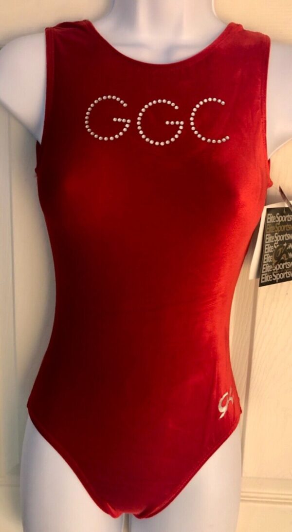 "GGC" GK RED VELVET LADIES X-SMALL CRYSTALS GYMNASTICS DANCE TANK LEOTARD Sz AXS