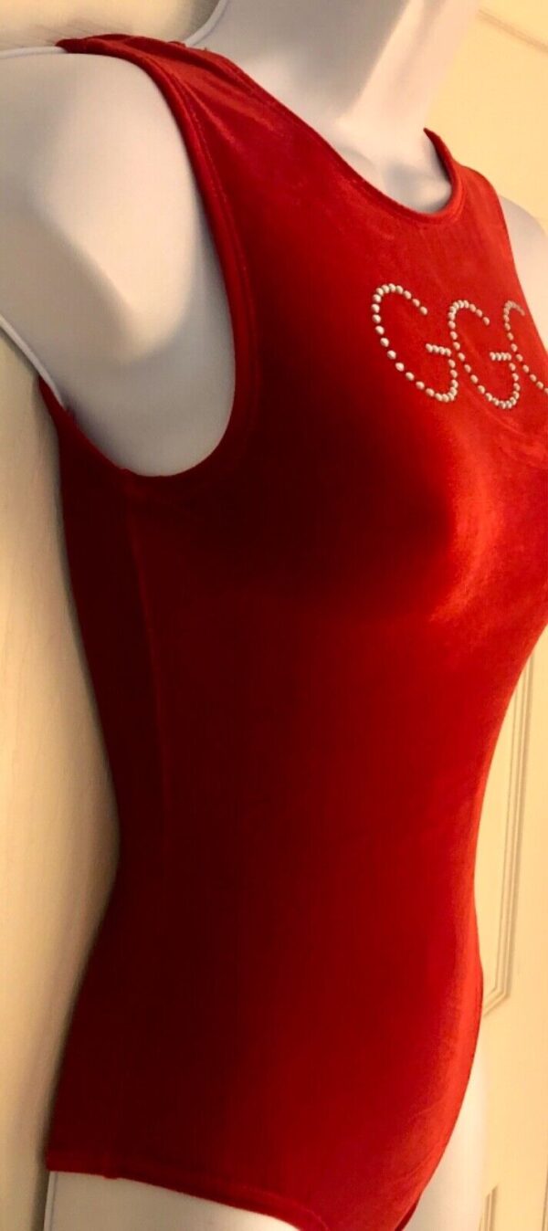 "GGC" GK RED VELVET LADIES X-SMALL CRYSTALS GYMNASTICS DANCE TANK LEOTARD Sz AXS - Image 3