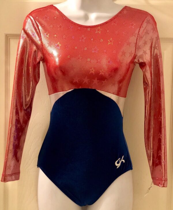 GK ELITE LADIES LgS BLUE VELVET RED FOIL GYMNASTIC DANCE LEOTARD AXS