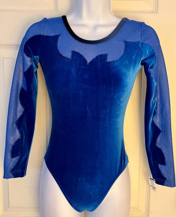 GK BLUE VELVET & GLITTER MESH ADULT SMALL ASYM GYMNASTICS DANCE LEOTARD Sz AS