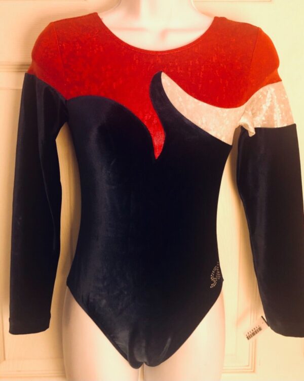 GK LgSLV LADIES SMALL NAVY VELVET RED WHITE FOIL GYMNASTICS DANCE LEOTARD Sz AS