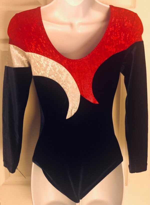 GK LgSLV LADIES SMALL NAVY VELVET RED WHITE FOIL GYMNASTICS DANCE LEOTARD Sz AS - Image 6