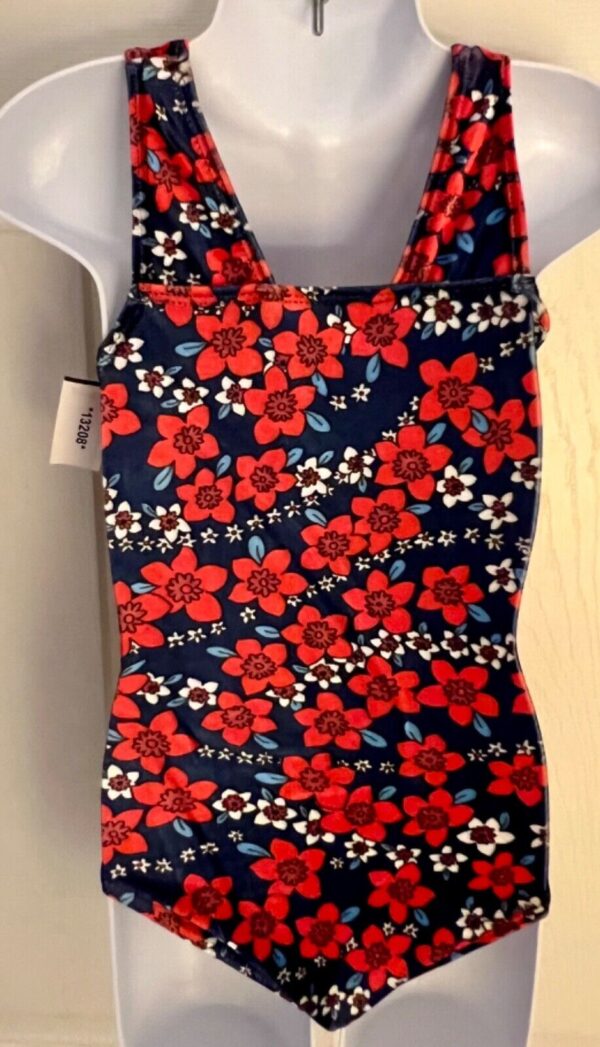 GK GREEN CHILD X-SMALL NAVY RED FLORAL PRINT VELVET GYMNASTDANCE TANK LEOTARD XS - Image 7