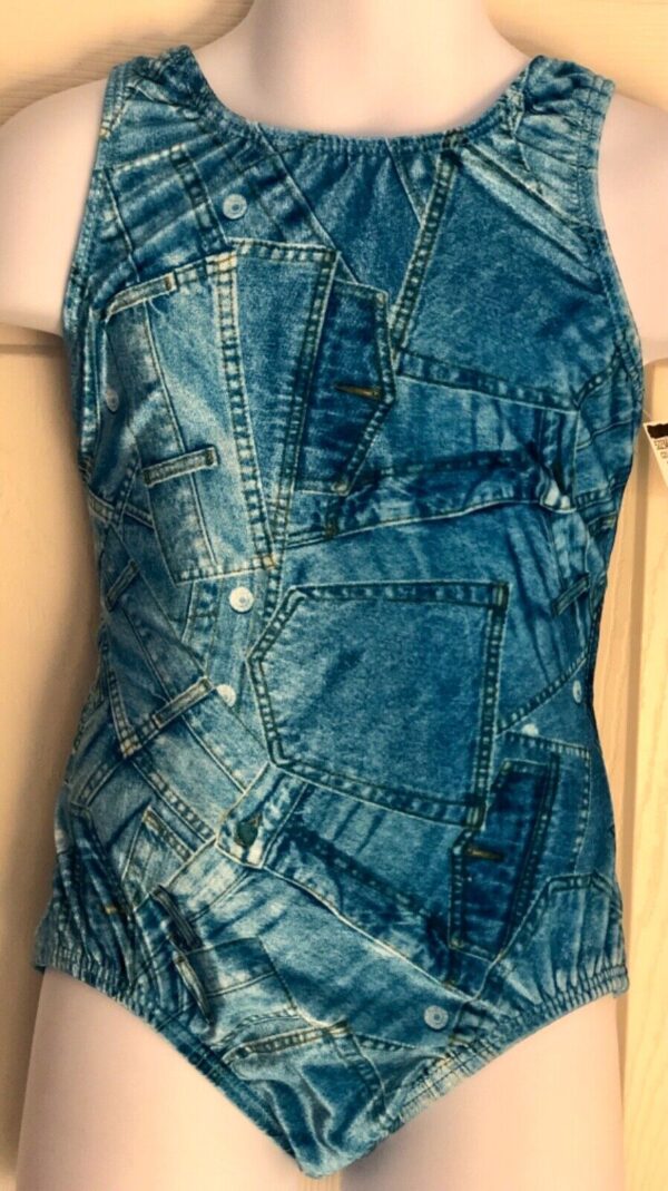 GK FADED DENIM CHILD SMALL PRINT VELVET GYMNASTIC DANCE TANK LEOTARD Sz CS NWT!