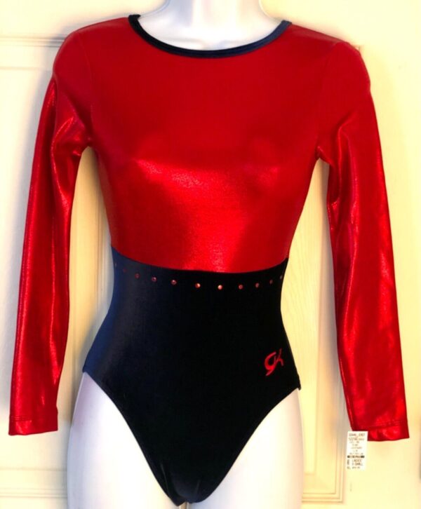 GK ELITE LgSLV LADIES X-SMALL RED FOIL ROYAL VELVET GYMNASTICS DANCE LEOTARD AXS