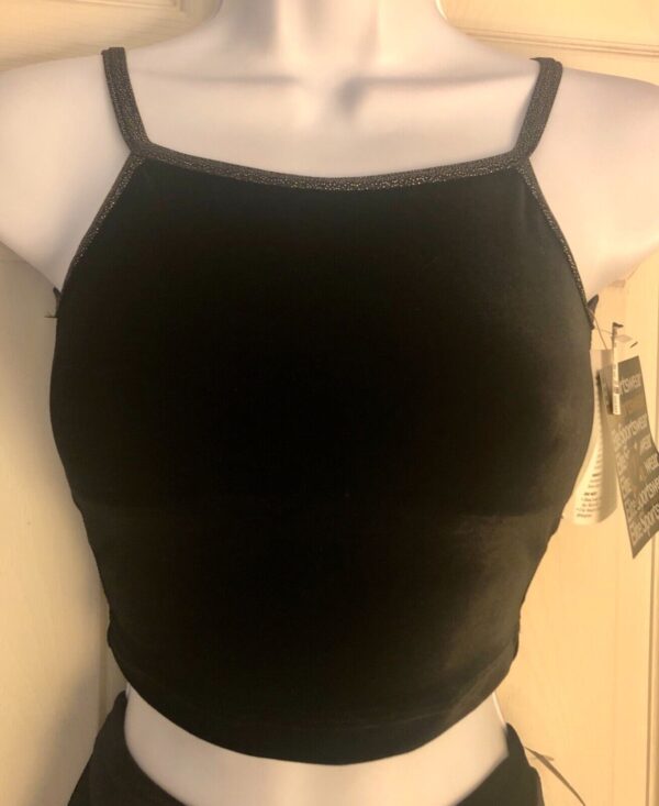 GK DANCE JAZZ GIRLS LARGE BLACK VELVET X-BACK FOIL STRAPS CAMISOLE TOP SZ L NWT