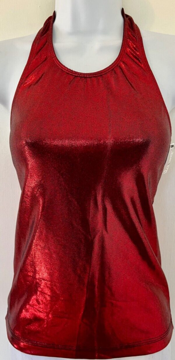 GK DANCE JAZZ CHEER LADIES SMALL BURGUNDY MYSTIQUE FOIL HALTER TOP Sz AS NWT!