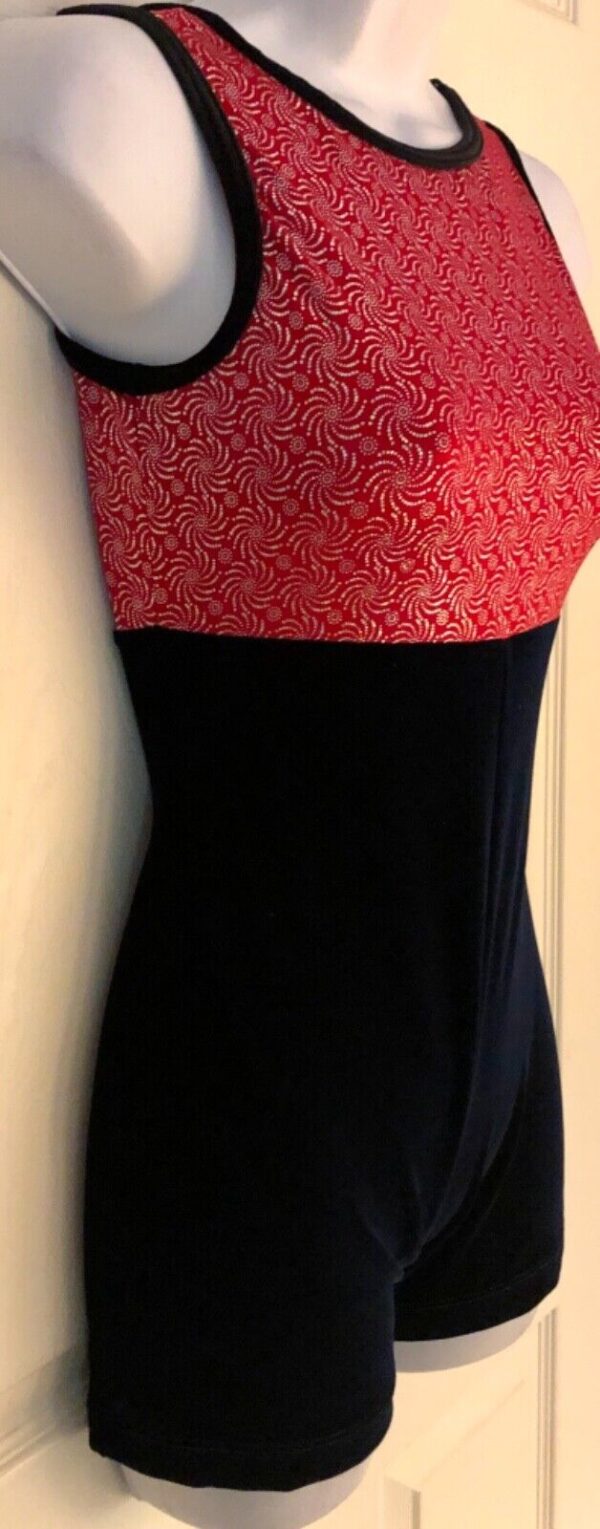 GK DANCE BIKETARD ADULT SMALL RED PINWHEEL FOIL PRINT NAVY VELVET GYM TANK Sz AS - Image 3