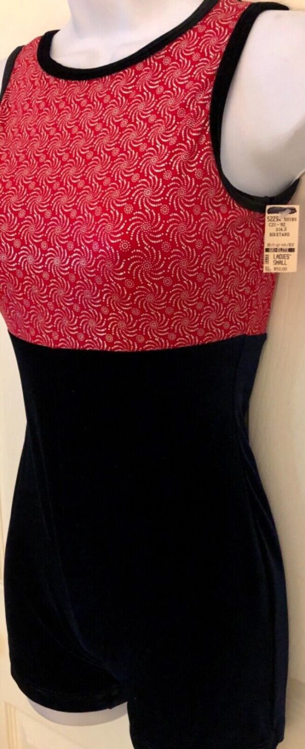 GK DANCE BIKETARD ADULT SMALL RED PINWHEEL FOIL PRINT NAVY VELVET GYM TANK Sz AS - Image 4