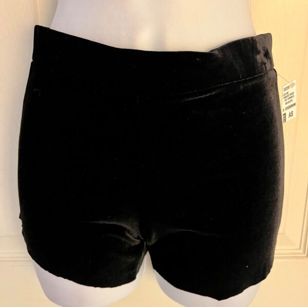 GK WORKOUT DANCE SHORTS ADULT SMALL BLACK VELVET CHEER GYMNASTIC UNHEMMED SZ S