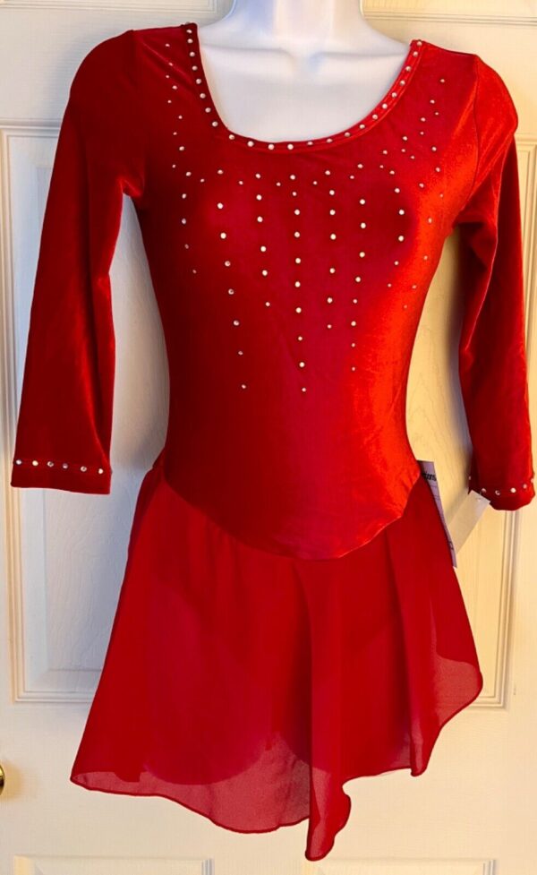 GK ICE FIGURE SKATE ADULT SMALL RED VELVET 3/4 SLV ASYMMETRIC NECK JA DRESS AS