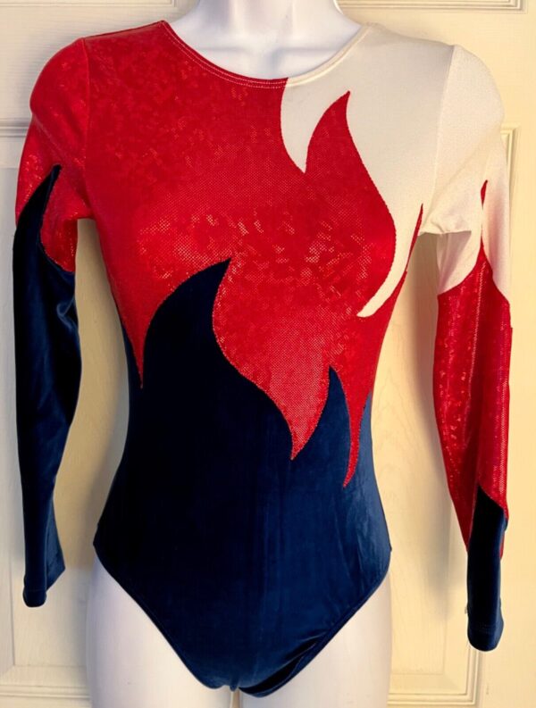 GK LgSLV LADIES SMALL NAVY VELVET RED WHITE FOIL GYMNASTICS DANCE LEOTARD Sz AS