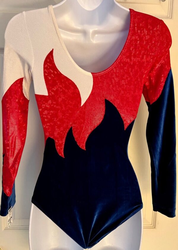 GK LgSLV LADIES SMALL NAVY VELVET RED WHITE FOIL GYMNASTICS DANCE LEOTARD Sz AS - Image 6