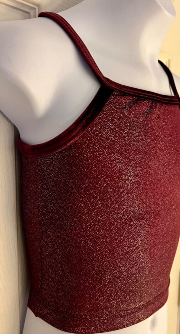 GK DANCE JAZZ TOP GIRLS MEDIUM WINE FOIL VELVET CRISSCROSS STRAPS CAMISOLE SZ M - Image 2