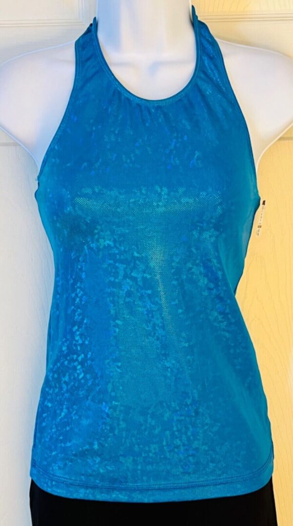 GK DANCE CHEER LADIES SMALL TURQUOISE SPARKLE HOLOGRAM HALTER TOP Sz AS NWT