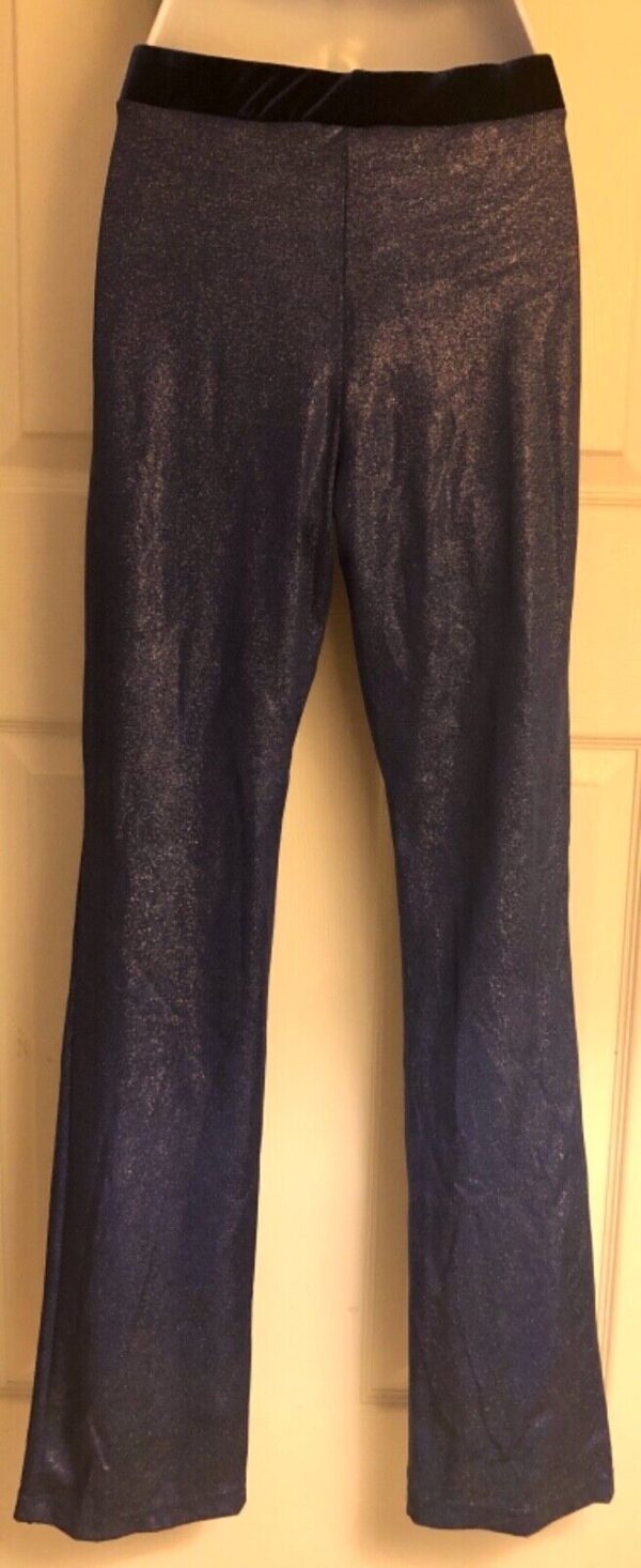 GK DANCE JAZZ LADIES MEDIUM BLUE TWILIGHT FOIL BLUE VELVET WAISTBAND PANTS SZ M - Image 4