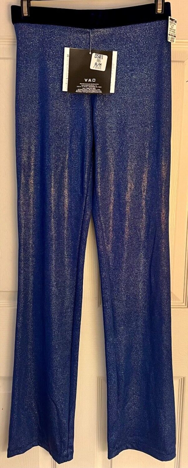 GK DANCE JAZZ LADIES MEDIUM BLUE TWILIGHT FOIL BLUE VELVET WAISTBAND PANTS SZ M - Image 7