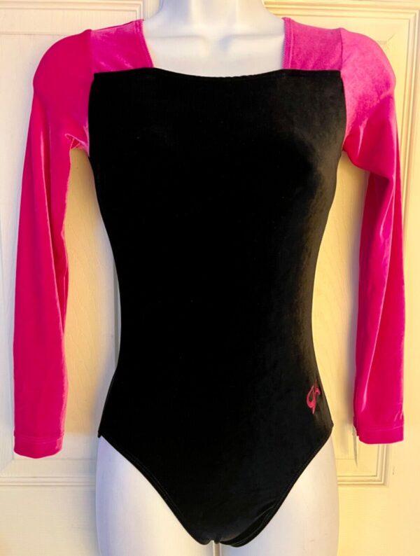 GK ADULT SMALL BLACK PINK VELVET LgSLV SQUARE NECK GYMNAST DANCE LEOTARD Sz AS