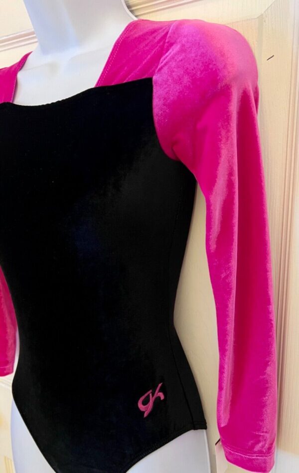 GK ADULT SMALL BLACK PINK VELVET LgSLV SQUARE NECK GYMNAST DANCE LEOTARD Sz AS - Image 2