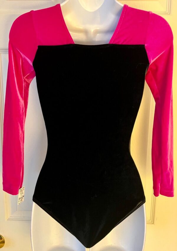 GK ADULT SMALL BLACK PINK VELVET LgSLV SQUARE NECK GYMNAST DANCE LEOTARD Sz AS - Image 4