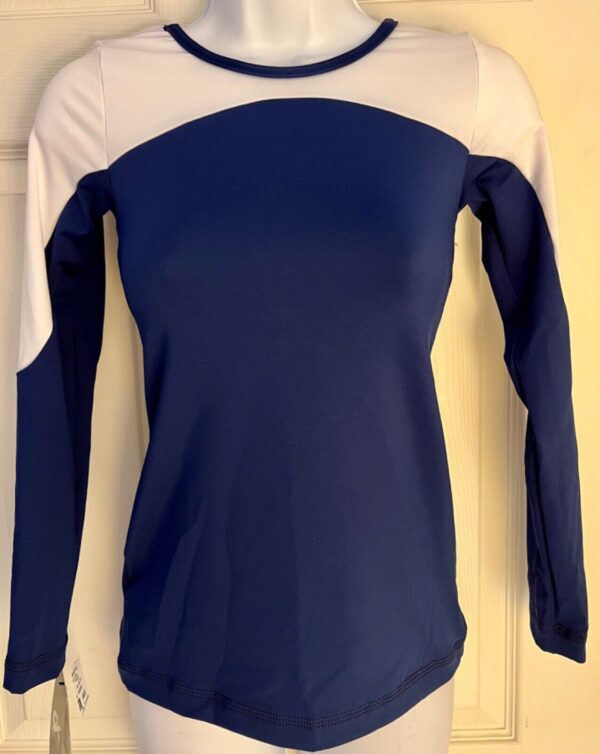 GK DRYTECH LADIES SMALL LgSLV NAVY & WHITE ATHLETIC CHEER DANCE FITNESS TOP Sz S