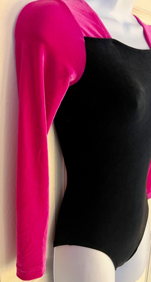 GK ADULT SMALL BLACK PINK VELVET LgSLV SQUARE NECK GYMNAST DANCE LEOTARD Sz AS - Image 7