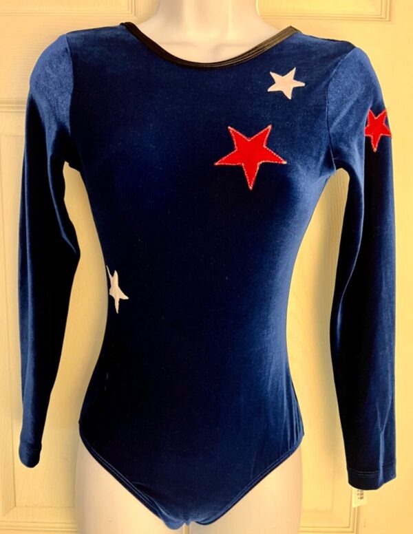 GK LgS BLUE VELVET ADULT SMALL RED WHITE FOIL STARS GYMNAST DANCE LEOTARD Sz AS