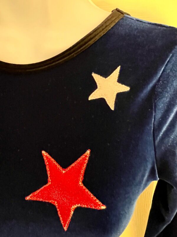 GK LgS BLUE VELVET ADULT SMALL RED WHITE FOIL STARS GYMNAST DANCE LEOTARD Sz AS - Image 2