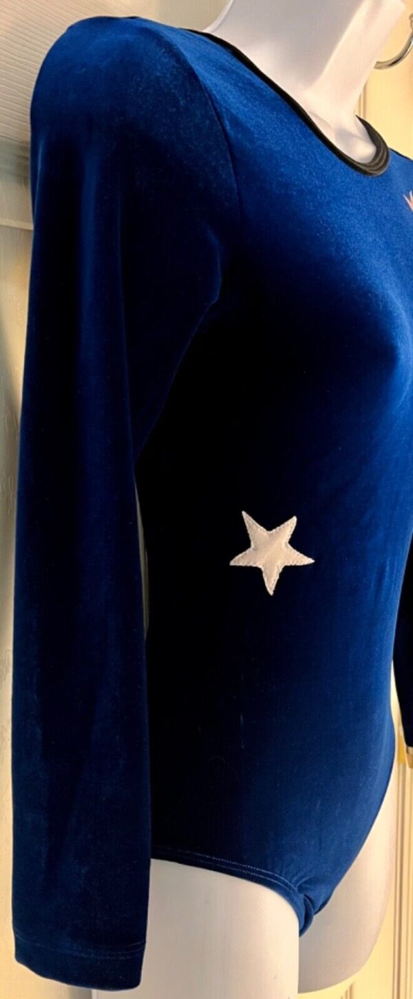 GK LgS BLUE VELVET ADULT SMALL RED WHITE FOIL STARS GYMNAST DANCE LEOTARD Sz AS - Image 3