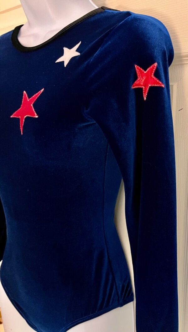 GK LgS BLUE VELVET ADULT SMALL RED WHITE FOIL STARS GYMNAST DANCE LEOTARD Sz AS - Image 4