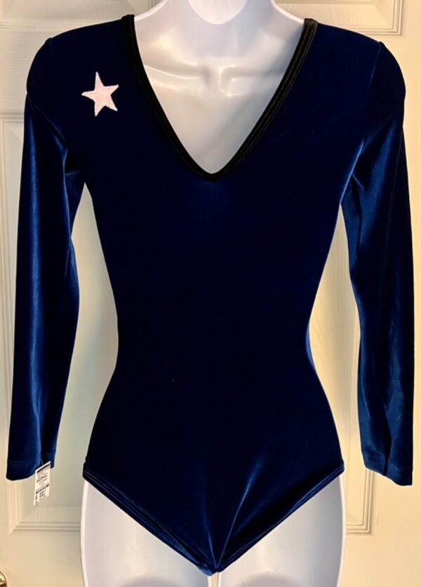 GK LgS BLUE VELVET ADULT SMALL RED WHITE FOIL STARS GYMNAST DANCE LEOTARD Sz AS - Image 5