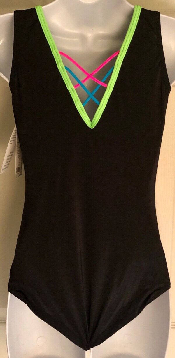 GK NEON SPARKLE LADIES LARGE BLACK GYMNASTICS DANCE TANK LEOTARD AL WAS $69.99! - Image 3