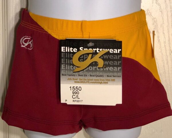 GK CHEER ASYM MICRO MINI SHORTS CHILD LARGE BURGUNDY GOLD SWIRL DRYTECH CL NWT!