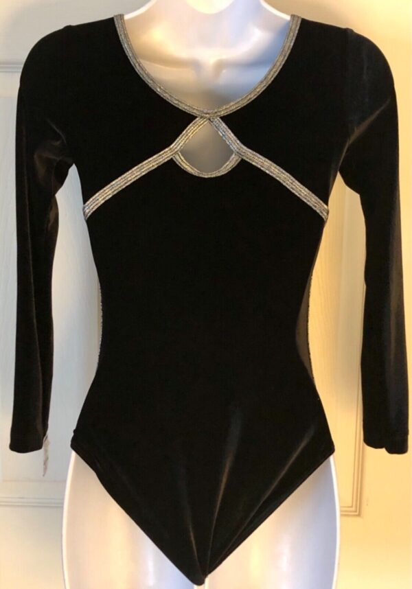 GK LgSLV ADULT SMALL BLACK VELVET SILVER FOIL TRIM GYMNASTIC DANCE LEOTARD Sz AS - Image 4