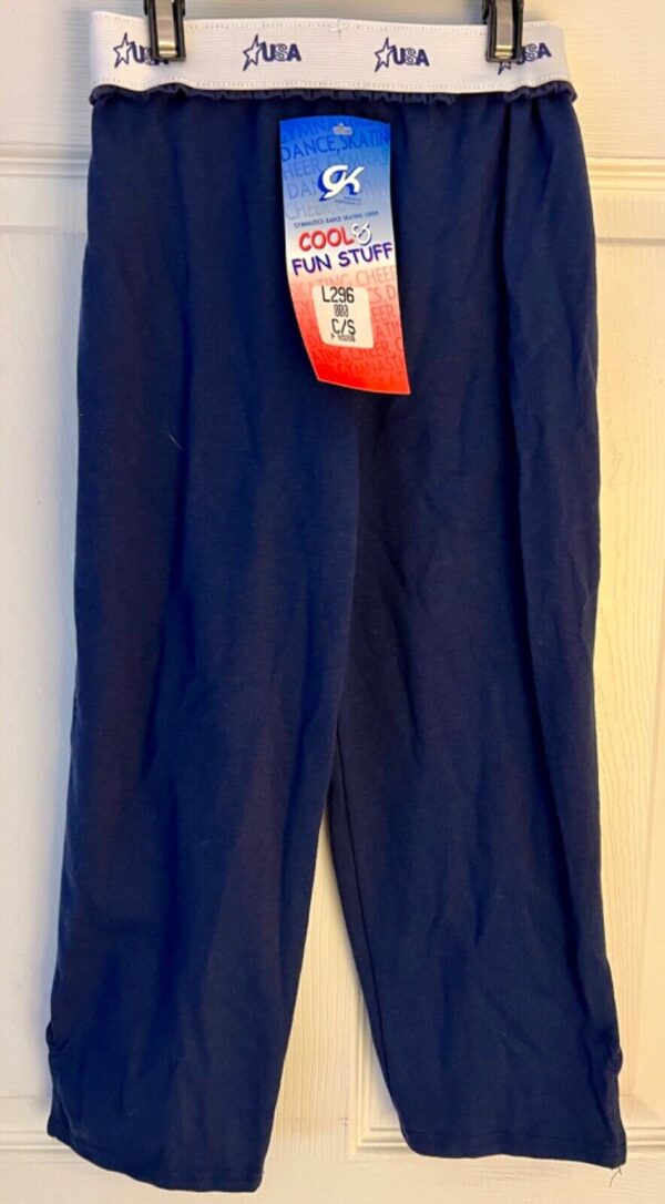 GK 'GYMNASTICS' GRAPHIC CHILD SMALL NAVY COTTON PRINT WAISTBAND CAPRI PANTS SZ S - Image 3