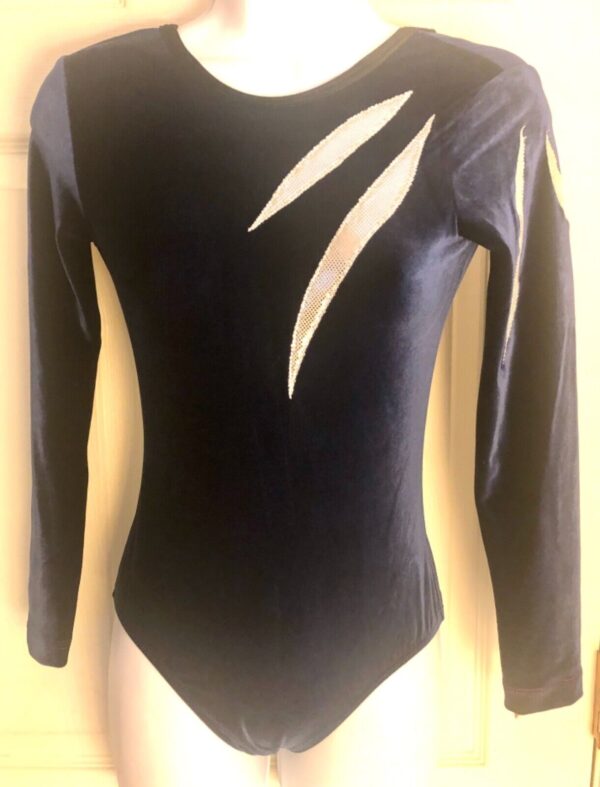 GK ADULT SMALL LgSLV NAVY VELVET SILVER FOIL RIBBONS GYMNAST DANCE LEOTARD Sz AS