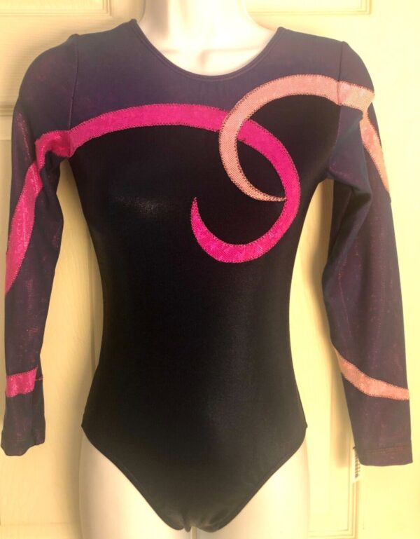 GK LgSLV LADIES SMALL NAVY FOIL PINK RIBBONS MESH GYMNASTICS DANCE LEOTARD Sz AS