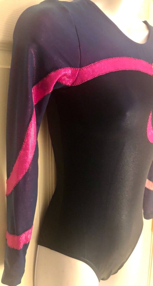 GK LgSLV LADIES SMALL NAVY FOIL PINK RIBBONS MESH GYMNASTICS DANCE LEOTARD Sz AS - Image 3