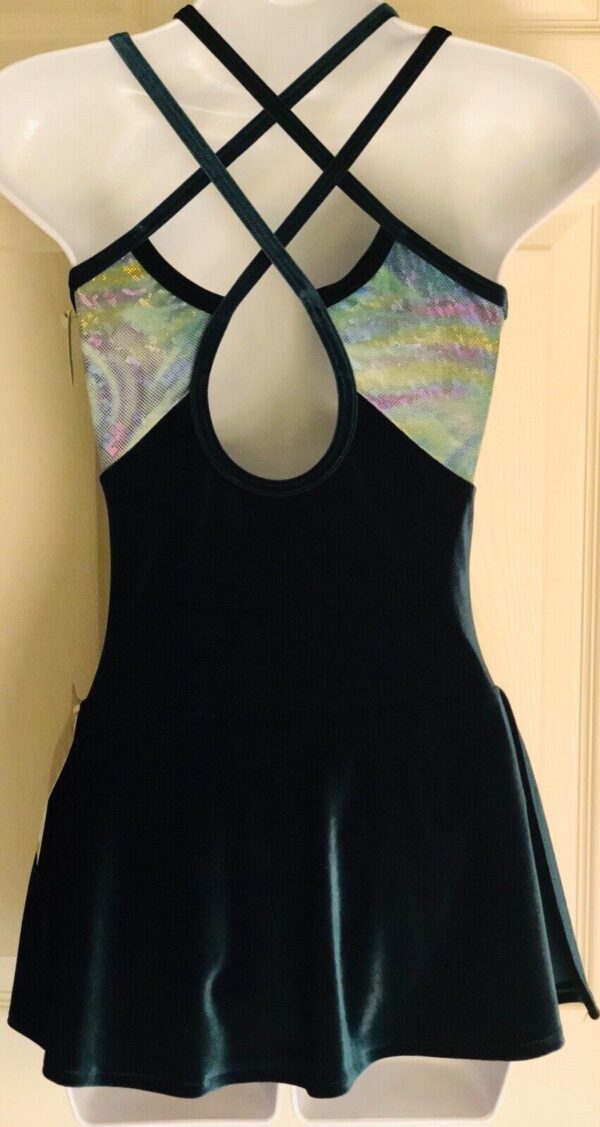 GK ICE FIGURE SKATE DRESS ADULT X-SMALL GREEN VELVET CAMISOLE FOIL TYE-DYE AXS - Image 2