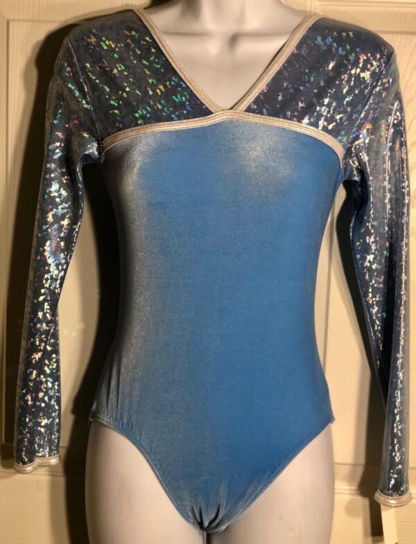 GK Elite LgS BLUE FOIL VELVET GYMNASTICS DANCE LEOTARD ADULT S