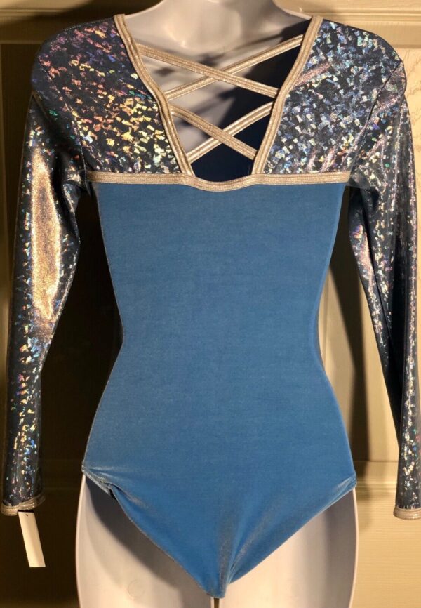 GK Elite LgS BLUE FOIL VELVET GYMNASTICS DANCE LEOTARD ADULT S - Image 2