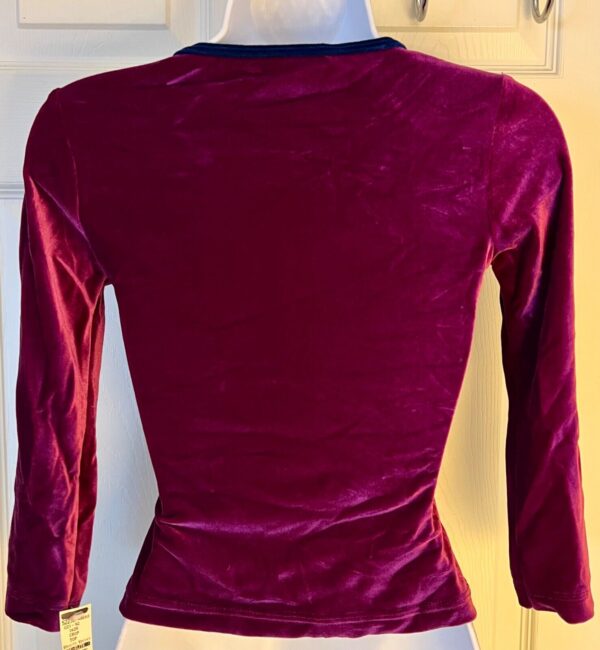 GK PURPLE VELVET LADIES SMALL 3/4 SLV BLUE VELVET TRIM SKATE DANCE CROP TOP Sz S - Image 5