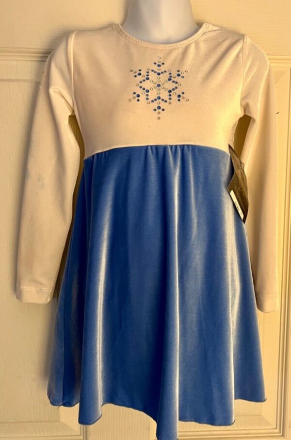 GK ICE FIGURE SKATE LgSLV CHILD SMALL SNOWFLAKE BLUE VELVET EMPIRE DRESS SZ S