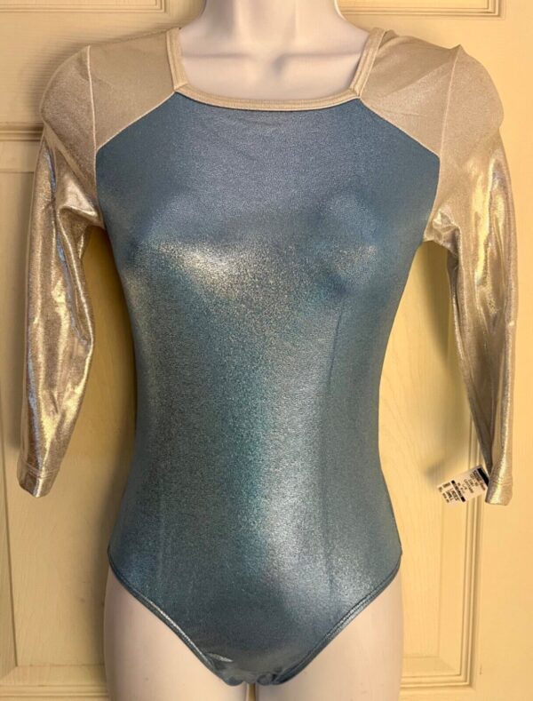 GK 3/4 SLV LGT BLUE WHITE MYSTIQUE ADULT SMALL GYMNASTICS DANCE LEOTARD Sz AS