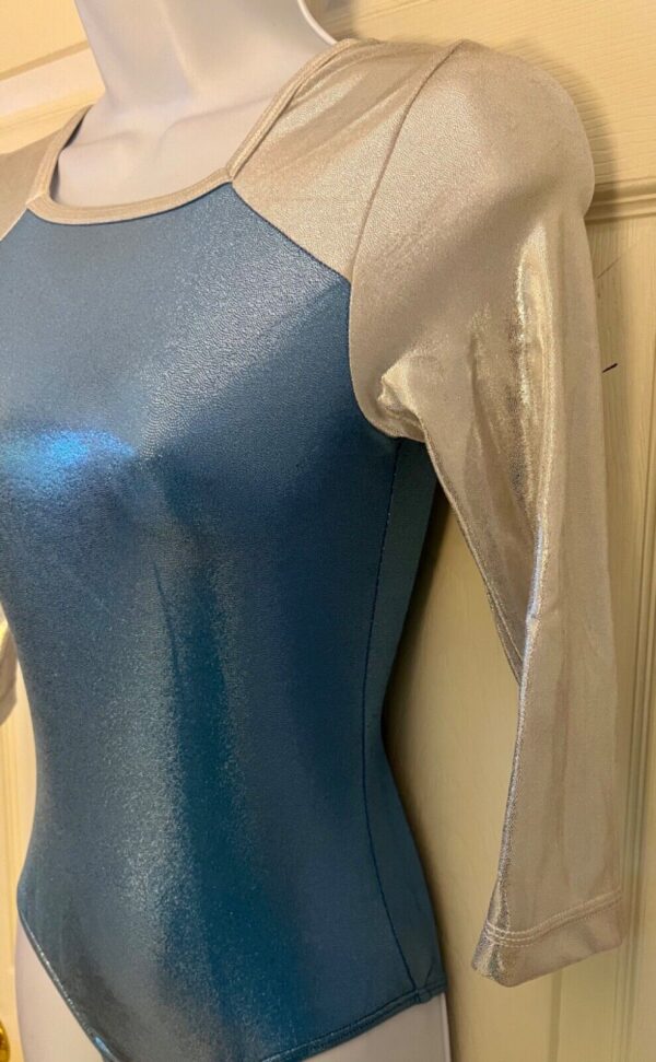 GK 3/4 SLV LGT BLUE WHITE MYSTIQUE ADULT SMALL GYMNASTICS DANCE LEOTARD Sz AS - Image 3