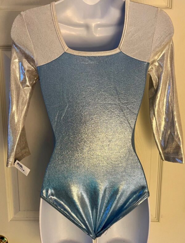 GK 3/4 SLV LGT BLUE WHITE MYSTIQUE ADULT SMALL GYMNASTICS DANCE LEOTARD Sz AS - Image 4