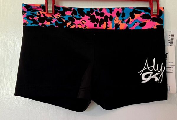 ALY RAISMAN ADULT X-SMALL FELINE FRENZY BLACK NYLON/SPANDEX GYMNAST SHORTS Sz XS